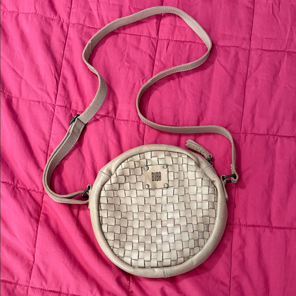 BIBA Beige Woven Leather Round Crossbody Bag